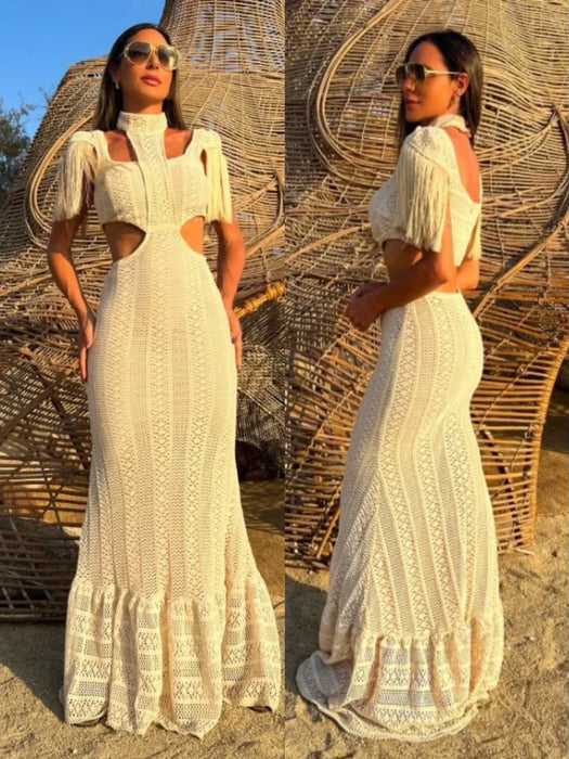 Sexy White Lace Women Dress Turtleneck Tassel Sleeve Slim Naked Waist Hollow Out Long Dress Summer Beach
