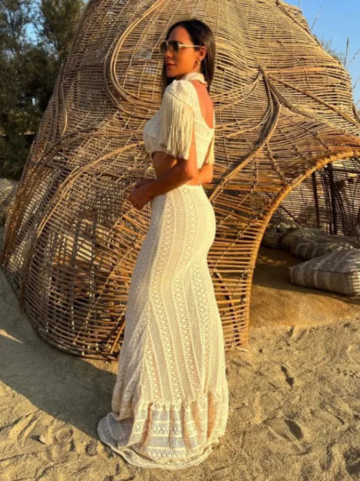 Sexy White Lace Women Dress Turtleneck Tassel Sleeve Slim Naked Waist Hollow Out Long Dress Summer Beach