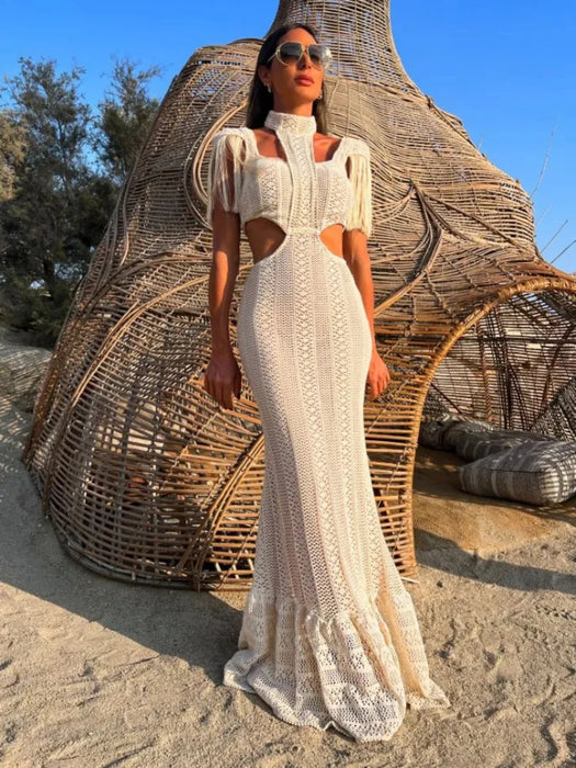 Sexy White Lace Women Dress Turtleneck Tassel Sleeve Slim Naked Waist Hollow Out Long Dress Summer Beach