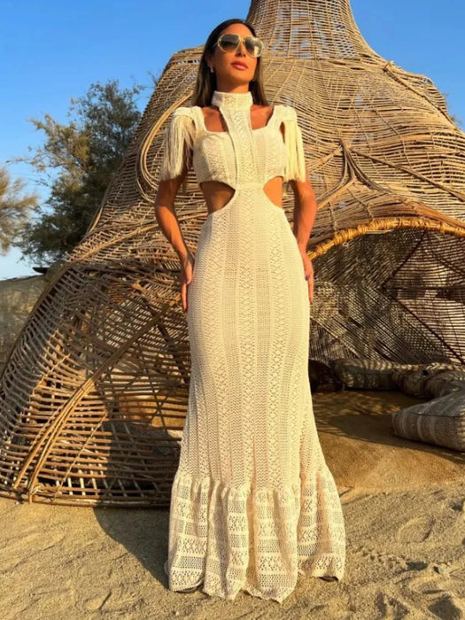 Sexy White Lace Women Dress Turtleneck Tassel Sleeve Slim Naked Waist Hollow Out Long Dress Summer Beach