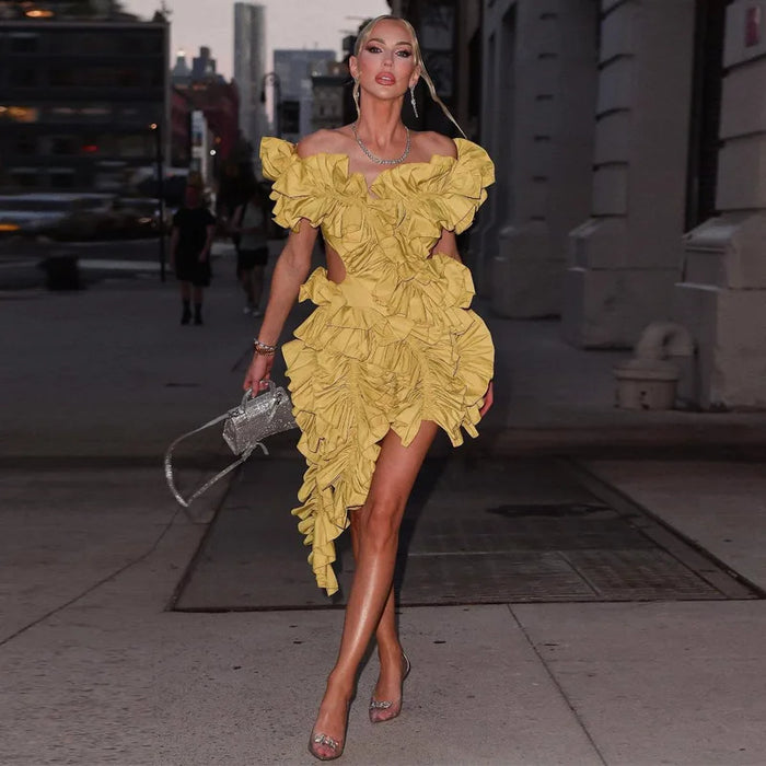 Women Tierred High Low Asymmetrical Ball Gown Dress Sexy Club Party Evening High Night Dresses