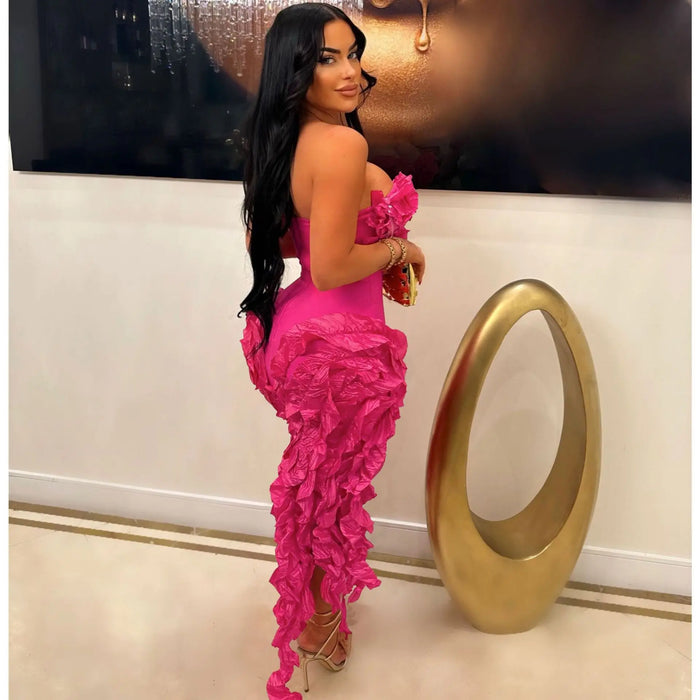 Women Strapless Ruffles Tassel Irregular Bodycon long Maxi Dress