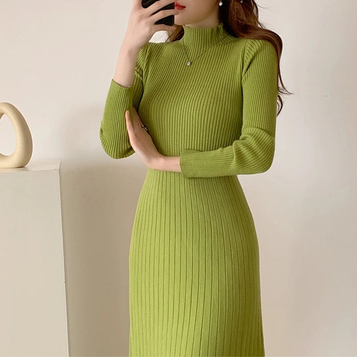 Fall Winter Slim Long Sleeve Party Midi Dress for Women Knitted Half High Collar Elegant Knitted Sweater Dresses