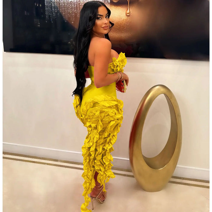 Women Strapless Ruffles Tassel Irregular Bodycon long Maxi Dress