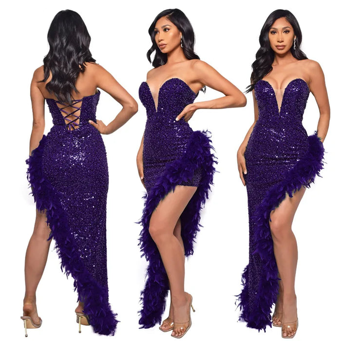 Women Sequined Strapless Feather High Side Split Strapless Bodycon Midi Maxi Dress Sexy Club Evening Party Dresses Night Lady