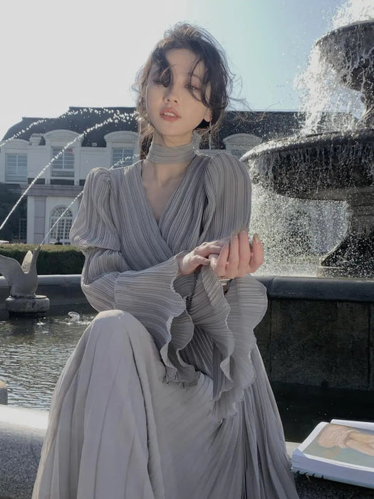 Womens French Elegant Ruffle Irregular Long Dress Pleated Party Evening