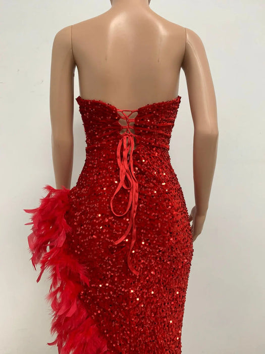 Women Sequined Strapless Feather High Side Split Strapless Bodycon Midi Maxi Dress Sexy Club Evening Party Dresses Night Lady