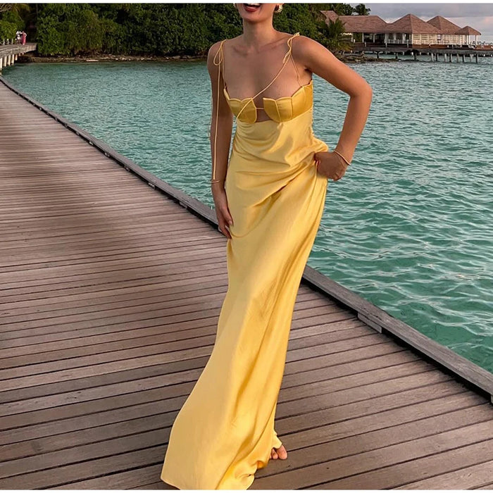 Elegant Floral Chest Backless Satin Maxi Dresses Women Summer Ladies Party Evening