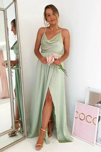 Mint Green Bridesmaid Dresses Side Slit Backless Gown Long Satin Summer Evening Dress For Women