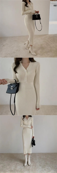 Knitted Long Sleeve Dresses Women Bodycon Dress Lady Winter Buttons V Neck Sweater