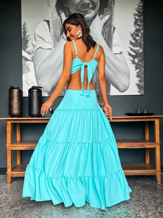 Summer Sexy Solid Women Dresses Deep V Sleeveless Naked Waist Split Long Dress Fashion Casual Party A-line