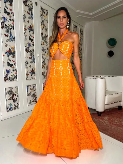 Summer Solid Hollow Lace Women Dress Halter Strapless Sleeveless Naked Waist Sexy Long Dress Evening Party Female Clothing