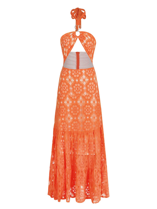 Summer Solid Hollow Lace Women Dress Halter Strapless Sleeveless Naked Waist Sexy Long Dress Evening Party Female Clothing