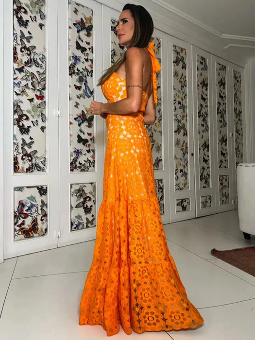 Summer Solid Hollow Lace Women Dress Halter Strapless Sleeveless Naked Waist Sexy Long Dress Evening Party Female Clothing