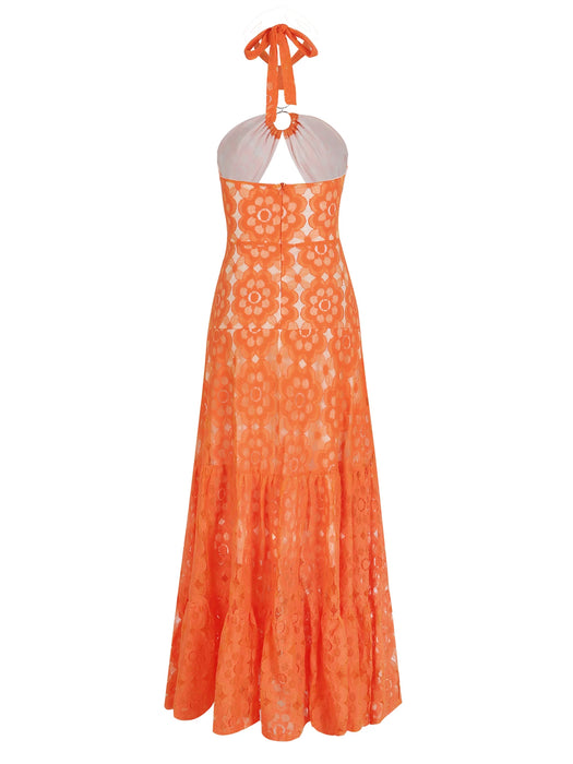 Summer Solid Hollow Lace Women Dress Halter Strapless Sleeveless Naked Waist Sexy Long Dress Evening Party Female Clothing