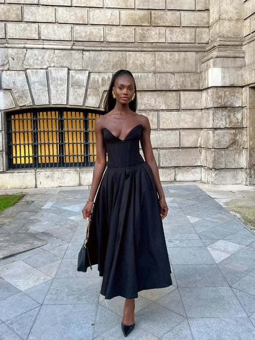 Suninheart Black Elegant Wedding Events Dress Sexy Strapless Corset Dress Midi Christmas Party Dresses for Women