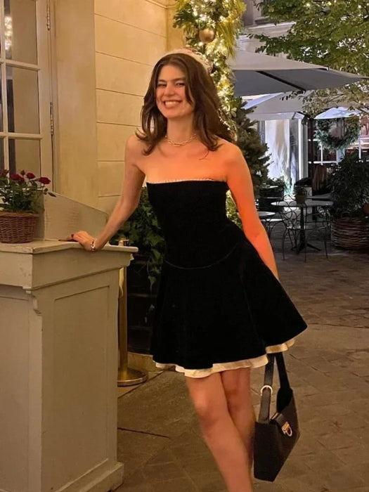 Black Strapless Christmas Dress Sexy A Line Vintage Velvet Party Dresses Mini Elegant Womens Dresses