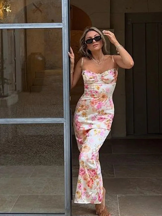 Summer Spaghetti Strap Floral Print Party Dresses Elegant Maxi Bodycon Wedding Guest Holiday Dress