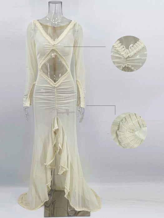 Deep V Neck Sheer Dress For Women Elegant Slim Hollow Out Dress Femme Holiday Beach Sexy Ruffle Slit Evening Ladies