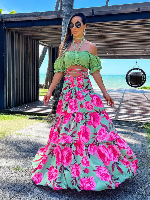 Two Piece Set For Women High Waist Skirt Off-shoulder Top Bandage Clothing A-line Ladies Dresses Summer Beach Vacation Skirt Set