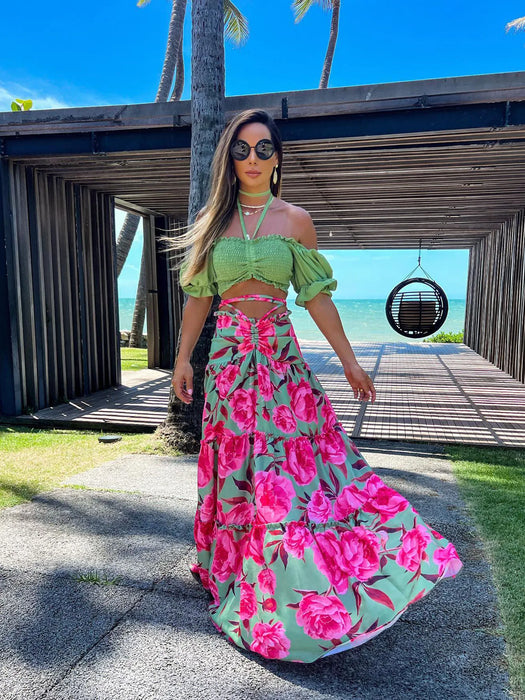 Two Piece Set For Women High Waist Skirt Off-shoulder Top Bandage Clothing A-line Ladies Dresses Summer Beach Vacation Skirt Set