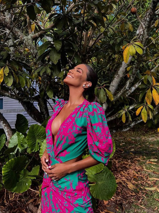 V Neck Dress Women Elegant Print Cutout Short Puff Sleeve Long Dress Summer Bodycon Evening Party Clothing