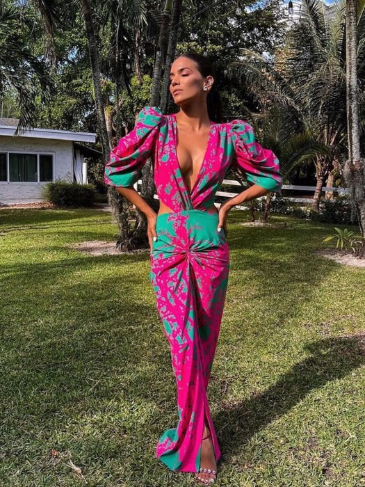 V Neck Dress Women Elegant Print Cutout Short Puff Sleeve Long Dress Summer Bodycon Evening Party Clothing