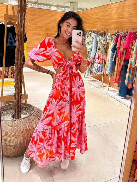 V Neck Dress Women Elegant Print Cutout Short Puff Sleeve Long Dress Summer Bodycon Evening Party Clothing