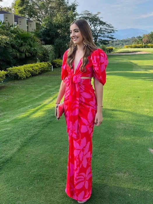 V Neck Dress Women Elegant Print Cutout Short Puff Sleeve Long Dress Summer Bodycon Evening Party Clothing