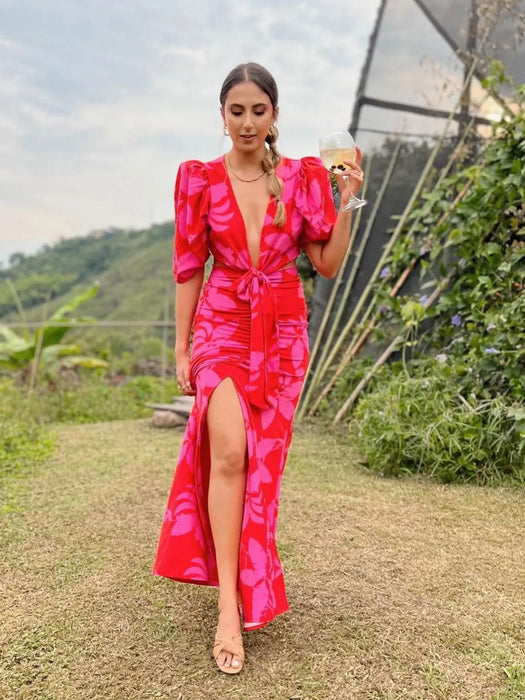 V Neck Dress Women Elegant Print Cutout Short Puff Sleeve Long Dress Summer Bodycon Evening Party Clothing