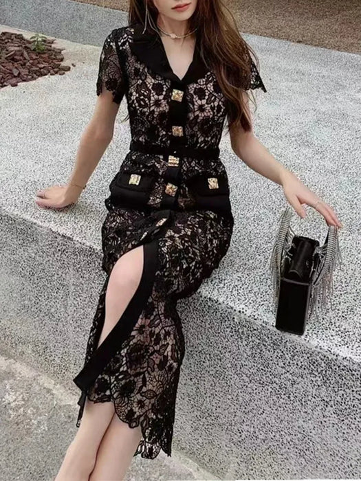 Vintage Black Lace Dress Women Single-Breasted V Neck Golden Button Hollow Bodycon Dress