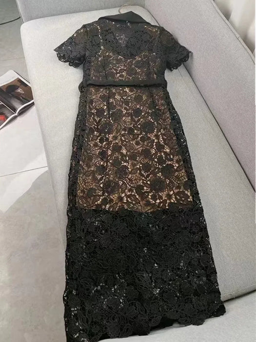 Vintage Black Lace Dress Women Single-Breasted V Neck Golden Button Hollow Bodycon Dress