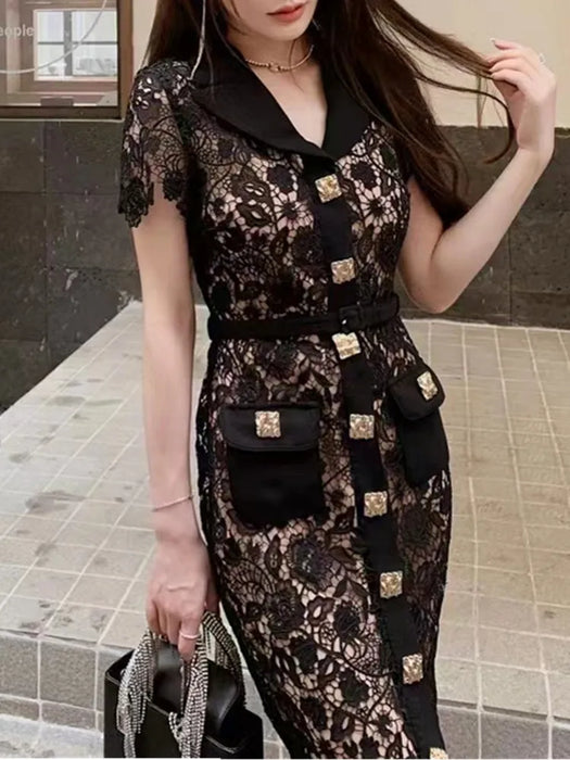 Vintage Black Lace Dress Women Single-Breasted V Neck Golden Button Hollow Bodycon Dress