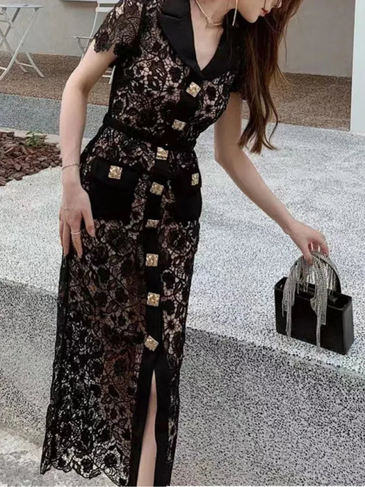 Vintage Black Lace Dress Women Single-Breasted V Neck Golden Button Hollow Bodycon Dress