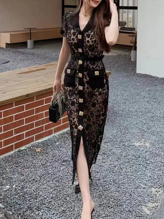 Vintage Black Lace Dress Women Single-Breasted V Neck Golden Button Hollow Bodycon Dress