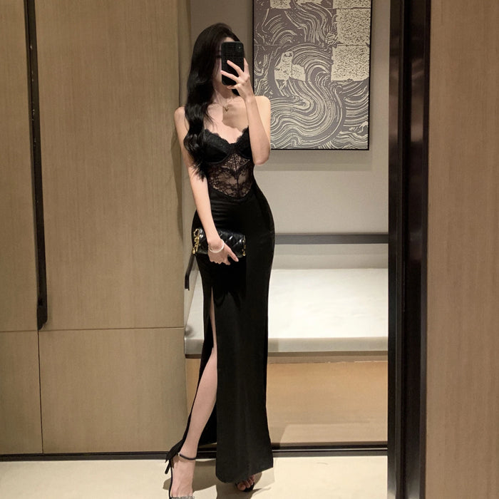 Sexy Black Lace Prom Maxi Dress Women Hollow Out Split Bodycon Camisole Dresses Evening Party Club