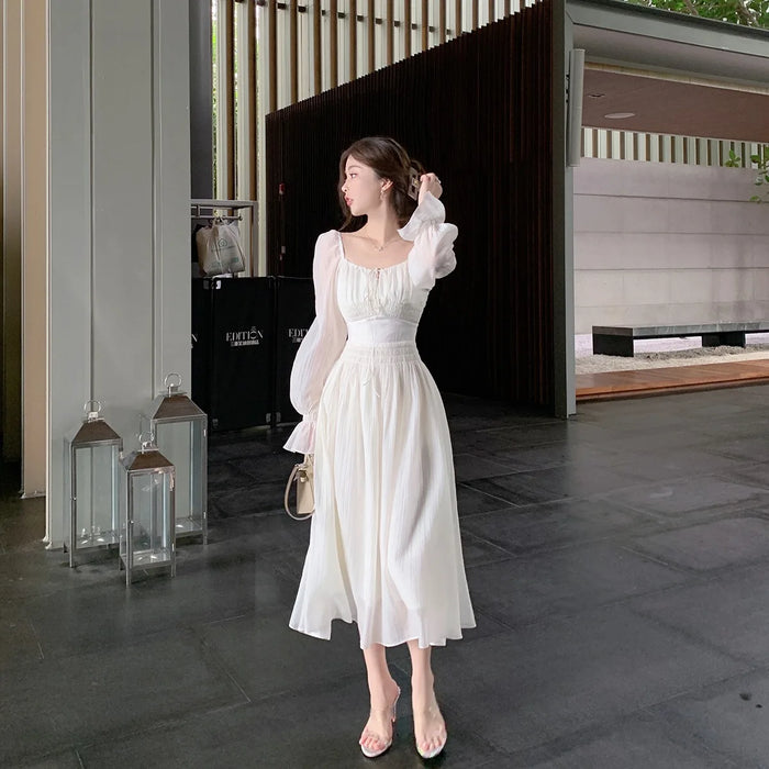 White O-Neck Lantern Sleeve Midi Dresses for Women Elegant Party Holiday Backless Prom Bodycon Dress Summer