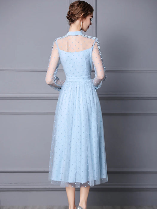 Elegant Bow Collar Lace Patchwork Midi Mesh Dresses for Women Party Designer Long Sleeve Sexy Vestidos