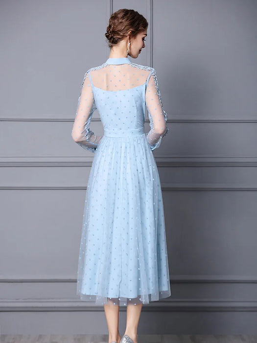 Elegant Bow Collar Lace Patchwork Midi Mesh Dresses for Women Party Designer Long Sleeve Sexy Vestidos