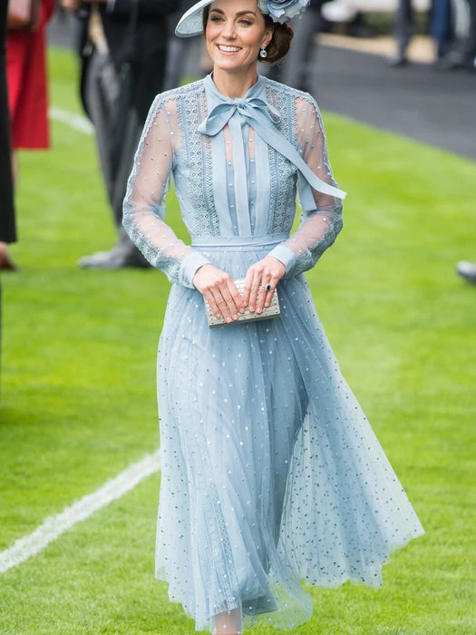 Elegant Bow Collar Lace Patchwork Midi Mesh Dresses for Women Party Designer Long Sleeve Sexy Vestidos