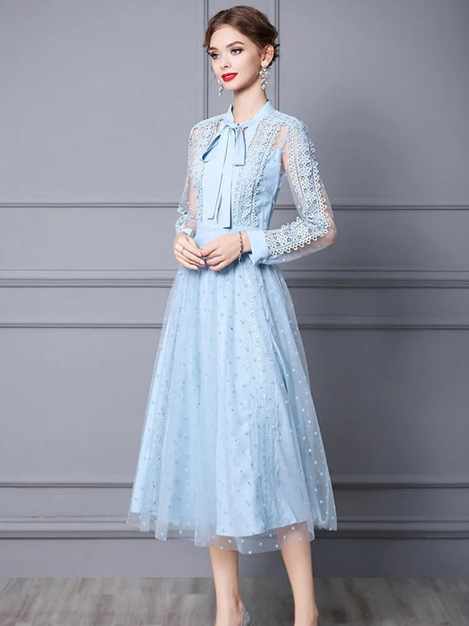 Elegant Bow Collar Lace Patchwork Midi Mesh Dresses for Women Party Designer Long Sleeve Sexy Vestidos