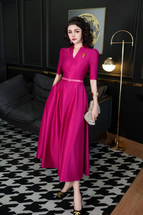 Elegant Midi Cocktail Party Dresses for Women Spring Summer V Neck Solid Aline Evening Dress Half Sleeve