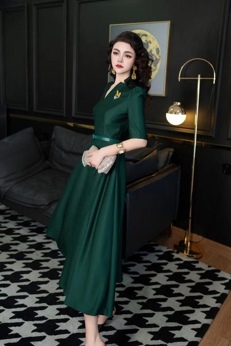 Elegant Midi Cocktail Party Dresses for Women Spring Summer V Neck Solid Aline Evening Dress Half Sleeve