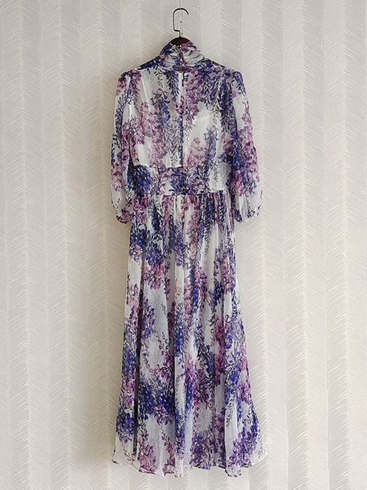 Fashion Bohemian Style Purple Floral Print Maxi Chiffon Dress Women Elegant Bow Collar Long Vacation Beach