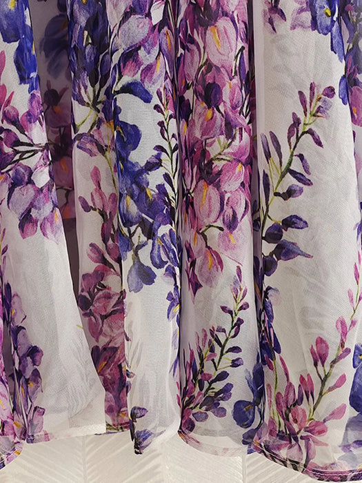 Fashion Bohemian Style Purple Floral Print Maxi Chiffon Dress Women Elegant Bow Collar Long Vacation Beach