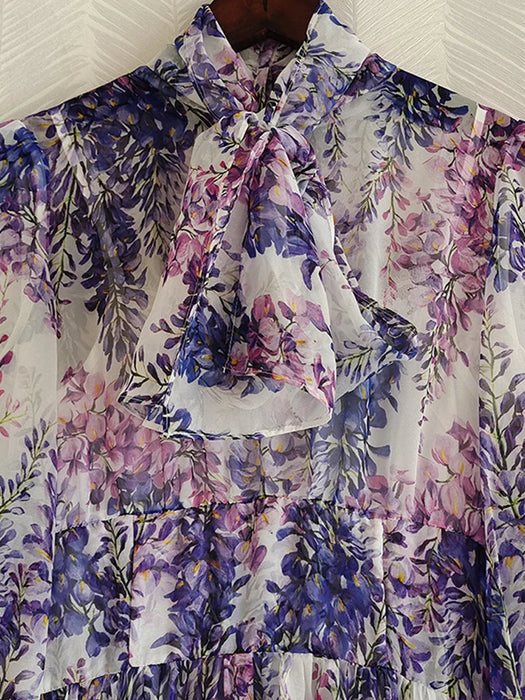 Fashion Bohemian Style Purple Floral Print Maxi Chiffon Dress Women Elegant Bow Collar Long Vacation Beach