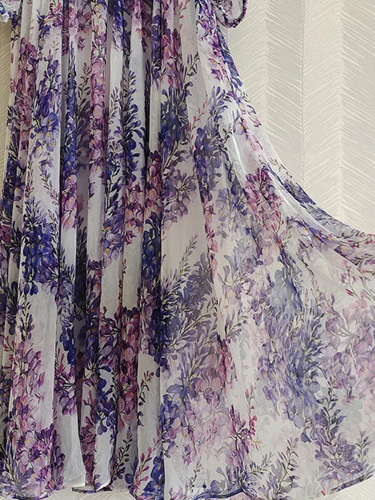 Fashion Bohemian Style Purple Floral Print Maxi Chiffon Dress Women Elegant Bow Collar Long Vacation Beach