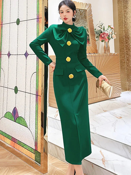 Midi Dresses for Women Elegant Black Green Long Sleeve Straight Party Robe Femme Plus Size XXL
