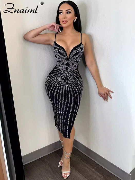 Holiday Party Blue Spaghetti Strips Birthday Dresses Women's Sexy Hot Diamond V-neck Sleeveless Slit Dress Elegant Party Luxury