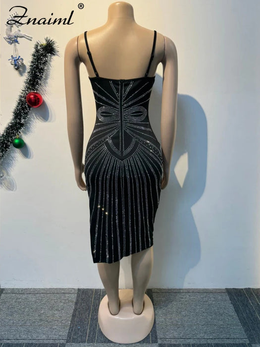 Holiday Party Blue Spaghetti Strips Birthday Dresses Women's Sexy Hot Diamond V-neck Sleeveless Slit Dress Elegant Party Luxury